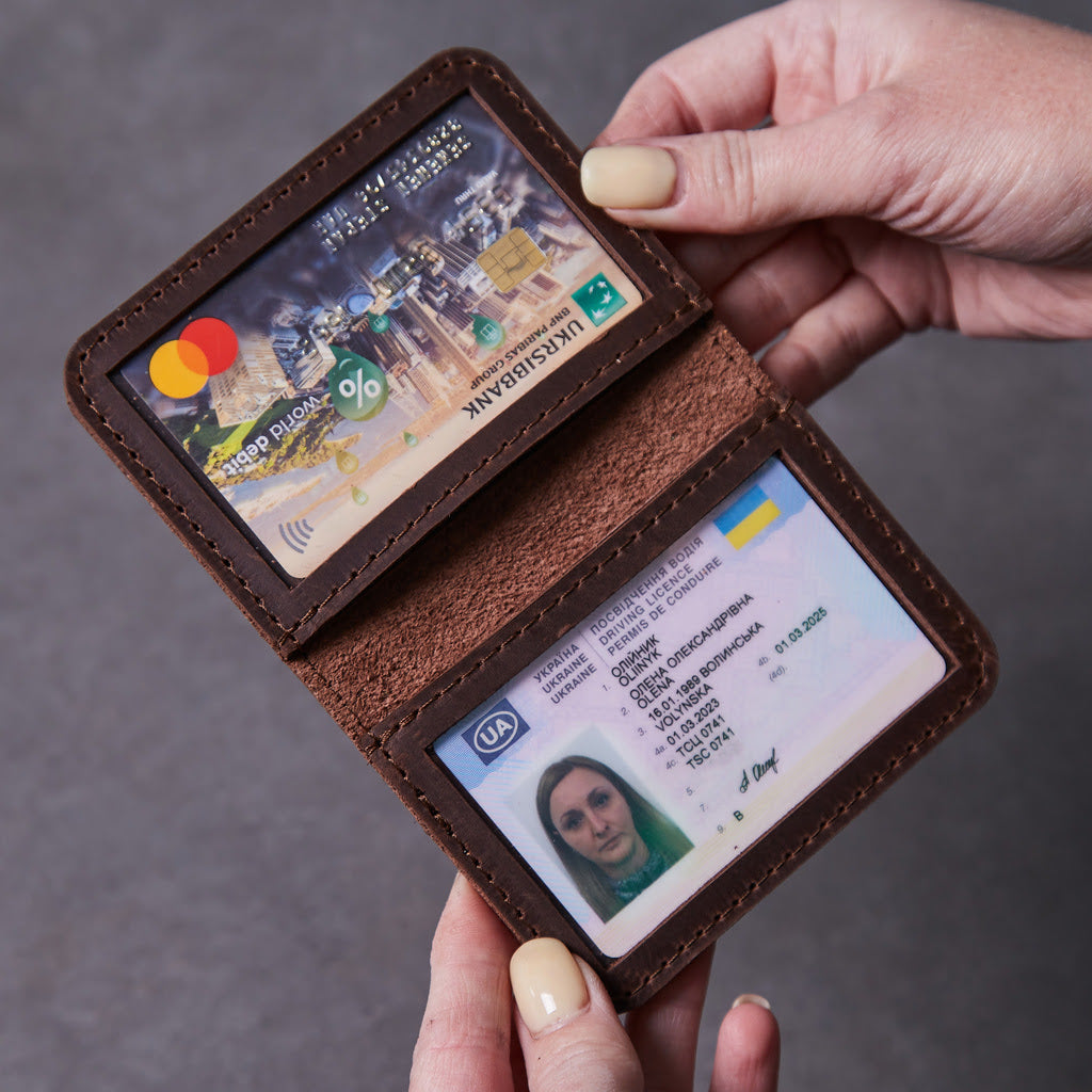 Leather holder for ID card and driver's license