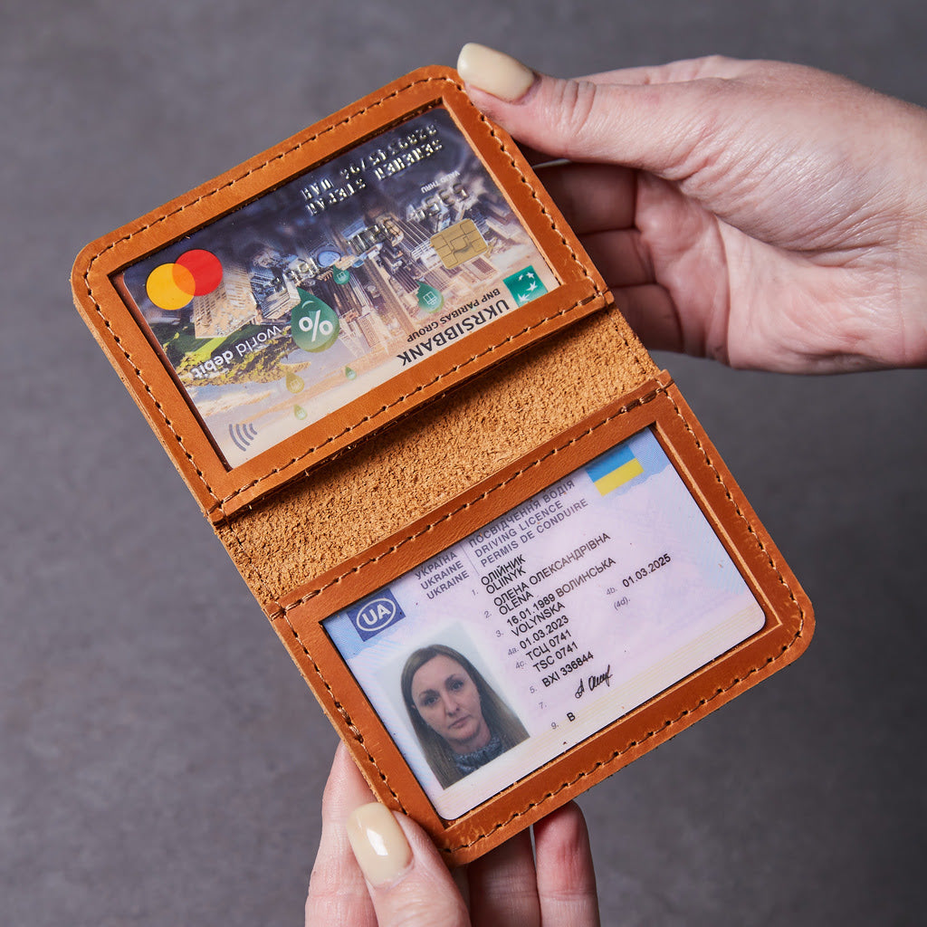 Leather holder for ID card and driver's license