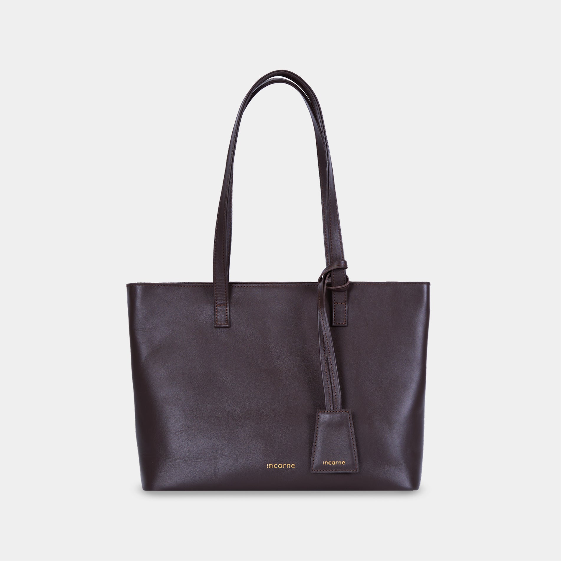 Emeli chocolate leather shopper bag front view