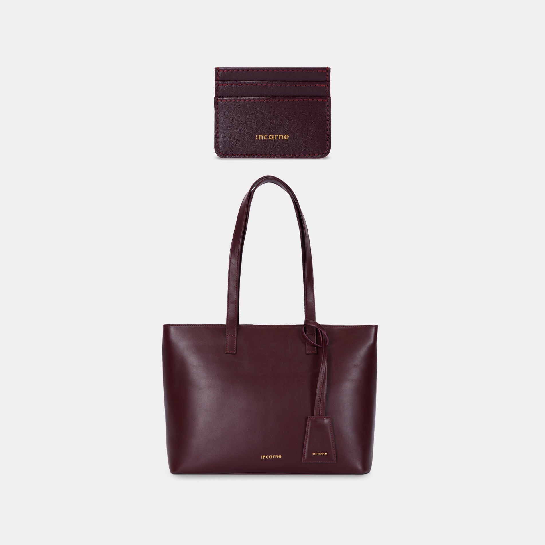 Emeli burgundy leather shopper bag and Minimal cardholder gift set